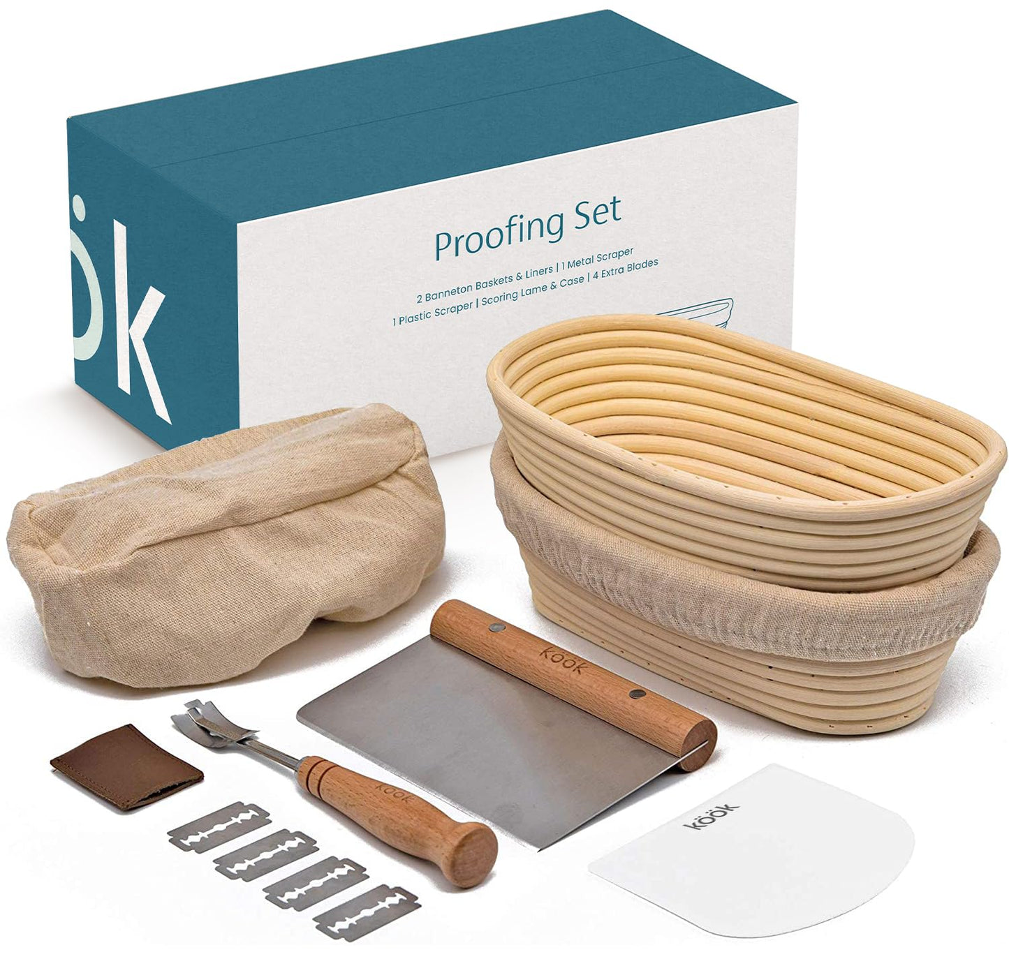 Kook Banneton Bread Proofing Set, Artisan Sourdough Bread Making Kit with Round & Oval Rattan Baskets, Liners, Dough Scrapers, Scoring Lame + Blades, Brush & Dough Cover (Set of 2)