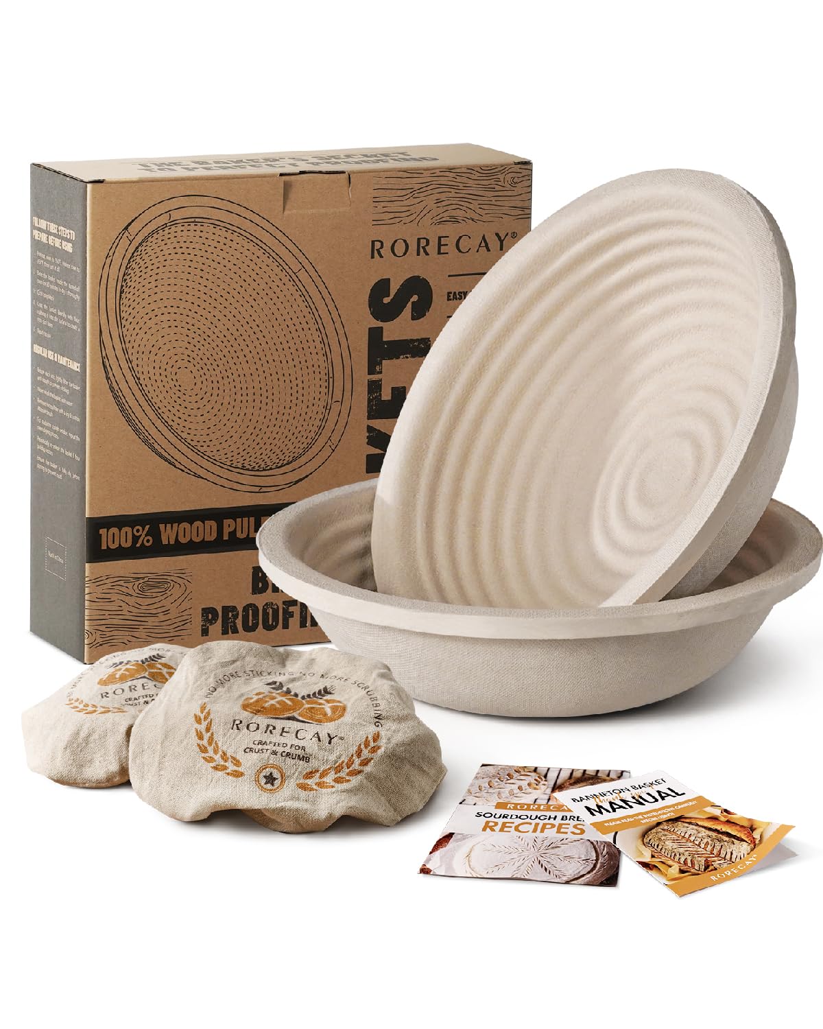 Rorecay Wood Pulp Banneton Bread Proofing Baskets, Set of 2, 9 Inch Round