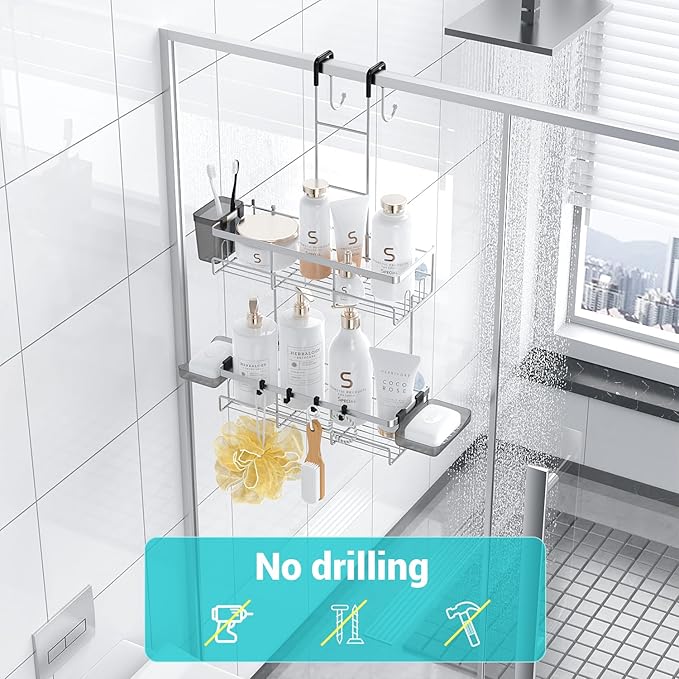 Over the Door Hanging Shower Caddy: Rustproof Hanging Organizer over the Door - No Drilling Bathroom Rack for Inside Shower Chrome
