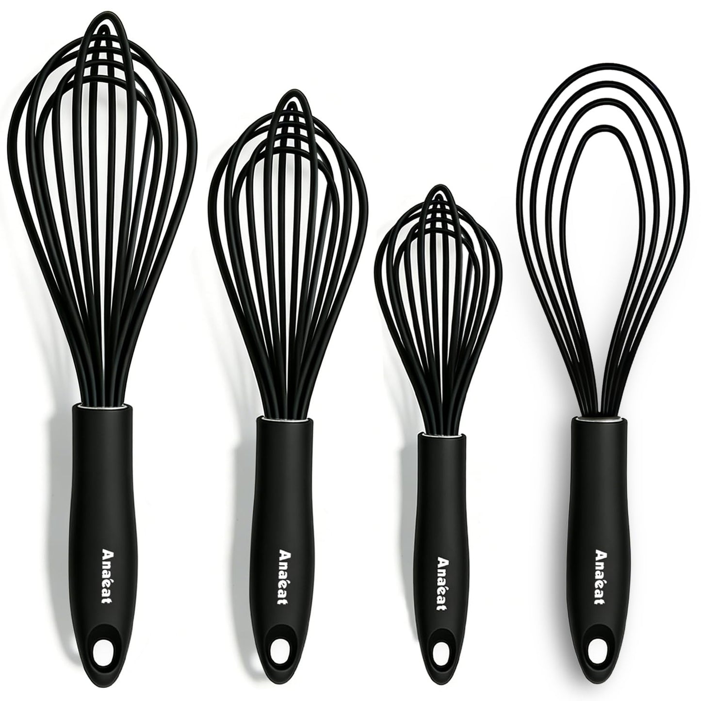 Anaeat Silicone Balloon Whisk, Perfect for Non-Stick Cookware, Milk and Egg Beater Blender, Heat Resistant Kitchen Whisks for Whisking, Cooking, Baking, Beating, Frothing & Stirring (Black)