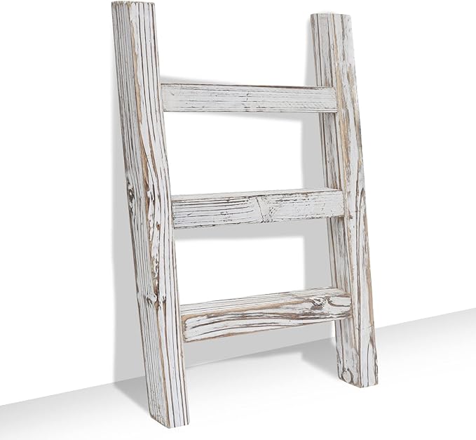 FUIN Wooden Tea Towel Ladder, Mini Ladder Towel Rack Display Hanger, Small Rustic Farmhouse Tea Towel Stand Holder for Country Bathroom Decor, White