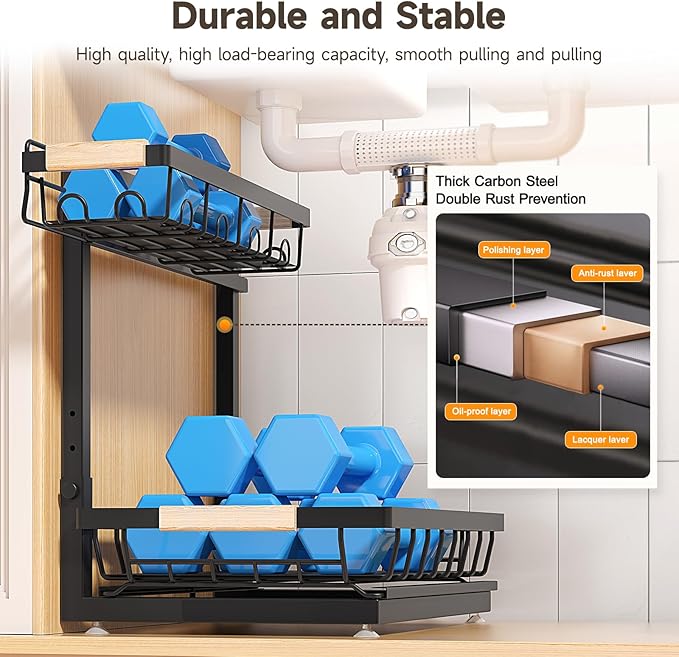 2 Packs Under Sink Organizer, Height Adjustable 2 Tier Under Kitchen Sink Organizer, Multi-Purpose Storage Shelf for Kitchen Bathroom Cabinet (Black, Large)