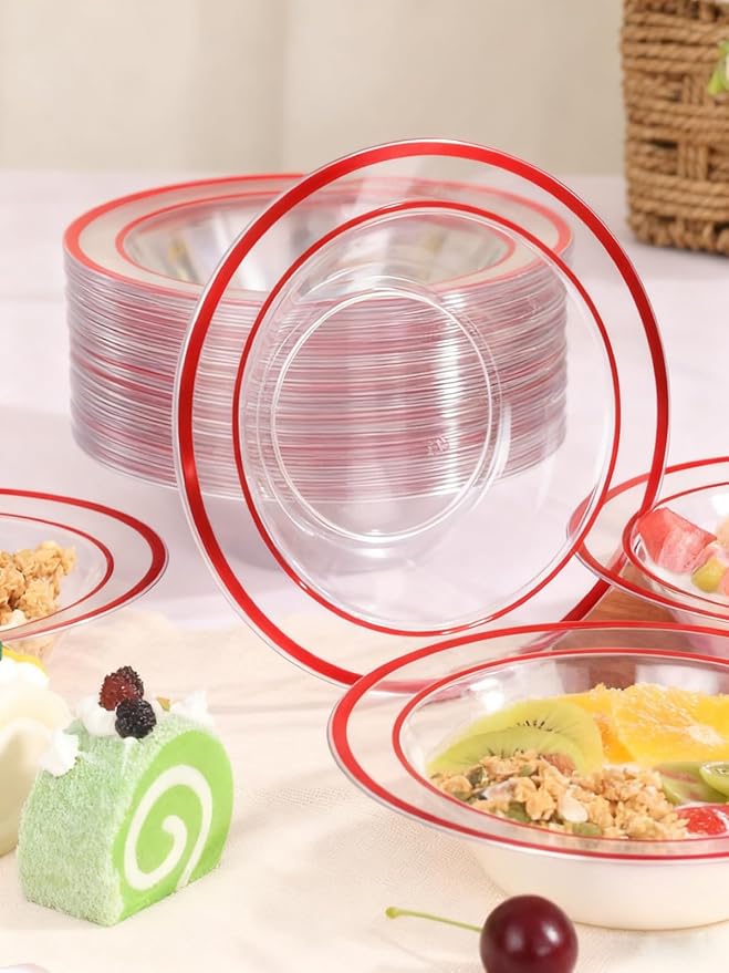 BESTSTAR 100 Pack clear Plastic Bowls with Red Rim