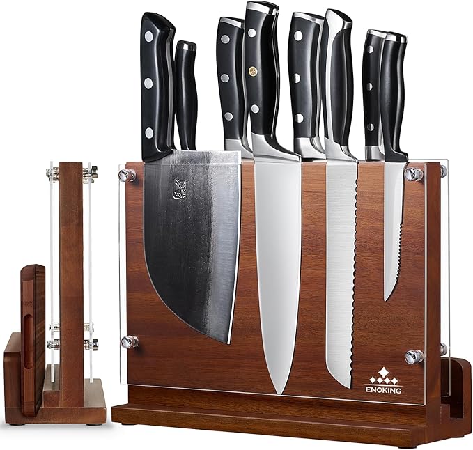 ENOKING Magnetic Knife Block with Acrylic Shield, Double Side Kitchen Knife Holder without Knives- Acacia Wood Universal Knife Storage Organizer with Powerful Magnet for Kitchen Counter