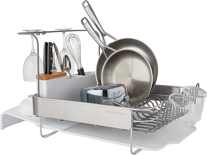 KitchenAid Full Size Compact to Full Capactiy Expandable Rust Resistant Dish Rack, with Self Draining Angled Drainboard and Removable Flatware Caddy, 24-Inch, White