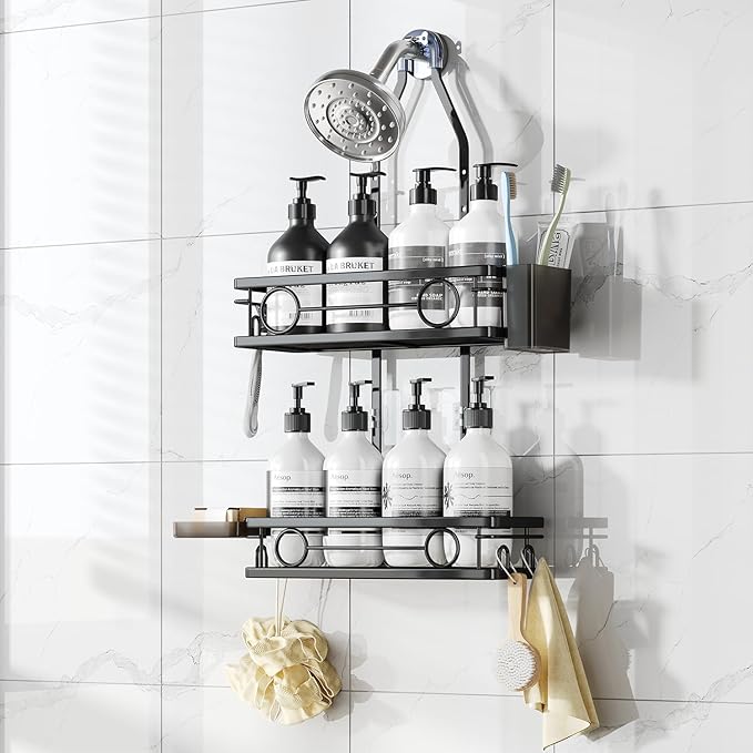 Adjustable Shower Caddy Hanging Rustproof Large-Capacity Bathroom Organizer Shower Racks with Hooks for Razor Bathroom Organizers and Storage