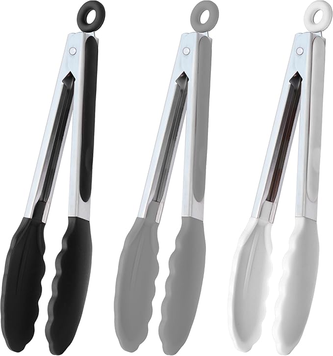 HINMAY Silicone Tipped Tongs 9" Kitchen Cooking Tongs, Set of 3 (Yellow)