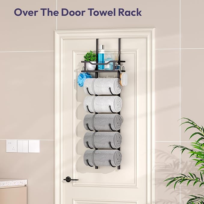 SWTYMIKI Over The Door Towel Rack - 6 Tier Towel Racks for Bathroom Wall Mounted, Towel Holder with Shelf, Hanging Rolled Towel Storage Organizer for Small Bathroom, Camper, RV, Black