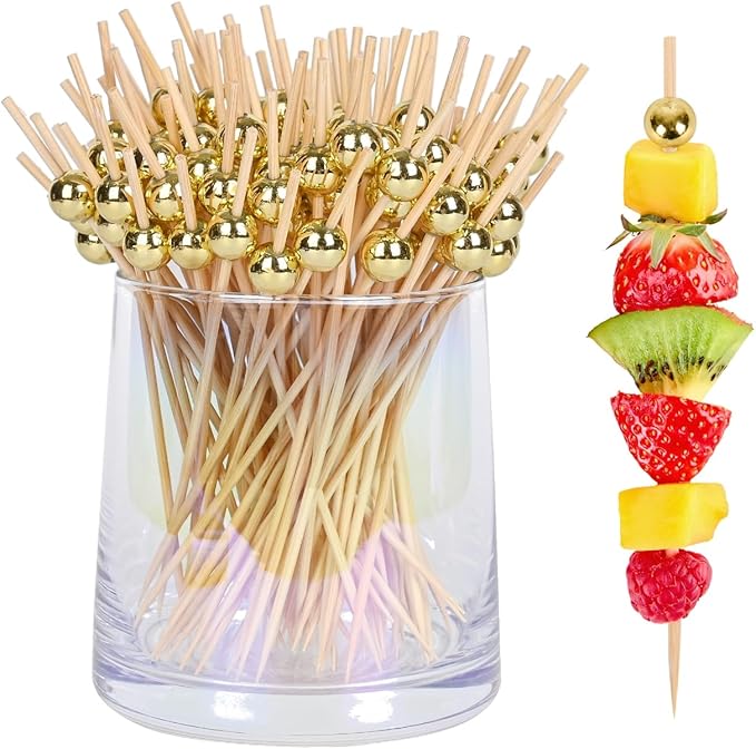 300Pcs Fancy Toothpicks for Appetizers,4.7Inch Wooden Ball Cocktail Picks For Drinks,Bamboo Appetizer Skewers for Charcuterie Boards Accessories,Martini, Sandwich,Desserts,Fruit