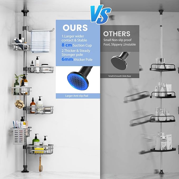 Corner Shower Caddy Organizer Tension Pole, Adjustable 6 Shower Shelves Corner Shelf 30-120Inch Rustproof Shower Rack for Inside Shower, Extra Towel Bar Soap Dish Bathroom Organizers and Storage Gray
