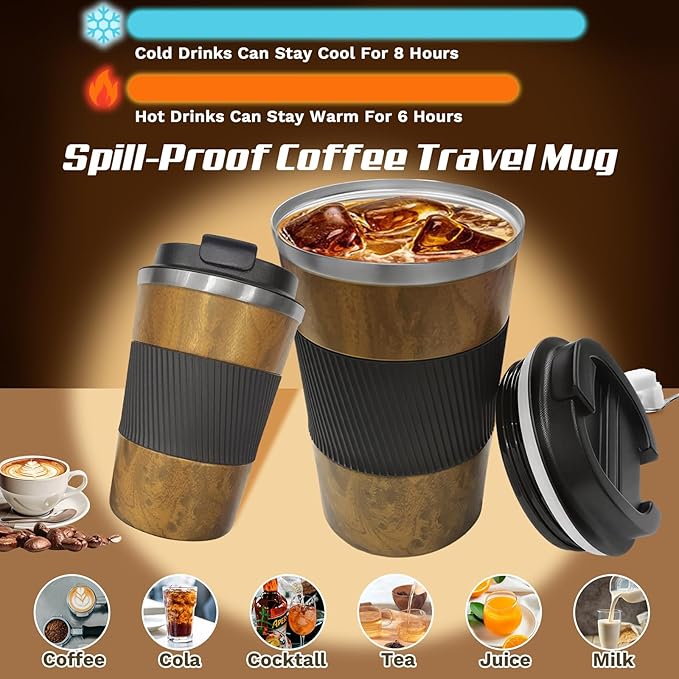 Vacuum Insulated Stainless Steel Travel Coffee Mug with Lid, Leak-Proof Reusable Thermal Cup Keeps Drinks Hot & Cold for Hours, Durable Portable Tumbler for Men & Women (3rd-Wood Grain, 12OZ)