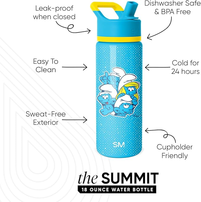 Simple Modern Kids Summit Water Bottle with Straw Lid | Smurfs 18oz Stainless Steel Cup Insulated Tumbler for Boys, Girls, School | Smurfs Polka Dots