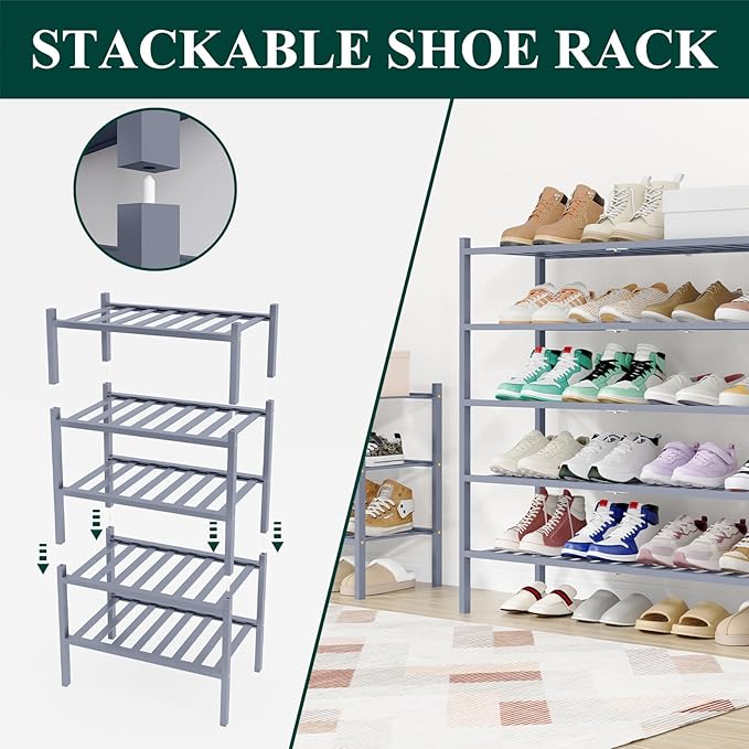 Smiry Shoe Rack, 2 Tier Long Bamboo Shoe Organizer, Stackable Free Standing Wooden Shoe Storage Shelf for Closet, Entryway, Front Door Entrance, Grey