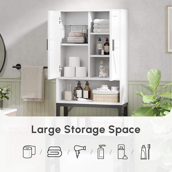 USHOWER Over The Toilet Storage Cabinet, Bathroom Organizers and Storage with Barn Doors, Thicken Metal Stand & MDF Wood Above Toilet Storage Cabinet, Freestanding Space Saver, White