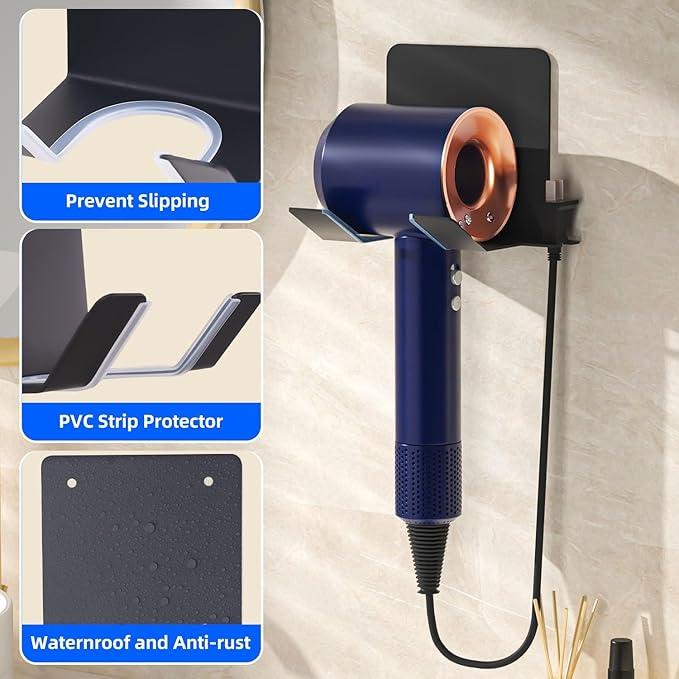 Hair Dryer Holder, Blow Dryer Holder Wall Mounted Hair Tool Organizer Self Adhesive Hair Dryer Holder Wall Mount, Compatible for Dyson Hair Dryer Holder for Bathroom Black PTALSEAW