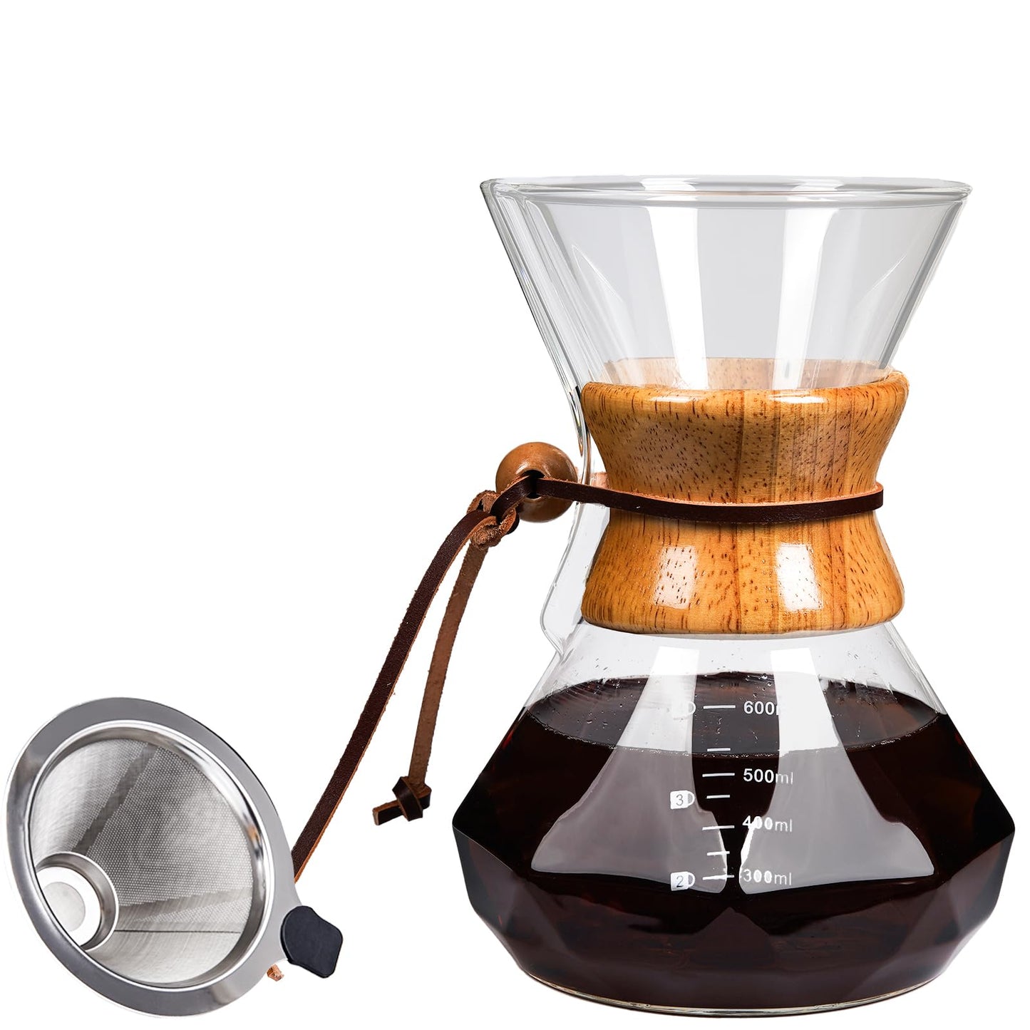 COFISUKI Pour Over Coffee Maker with Reusable Stainless Steel Drip Filter, Lead-Free Borosilicate Glass Coffee Carafe with Modern Wooden Collar for 1-2Cup, Diamond Clear (400ml/13.5oz)