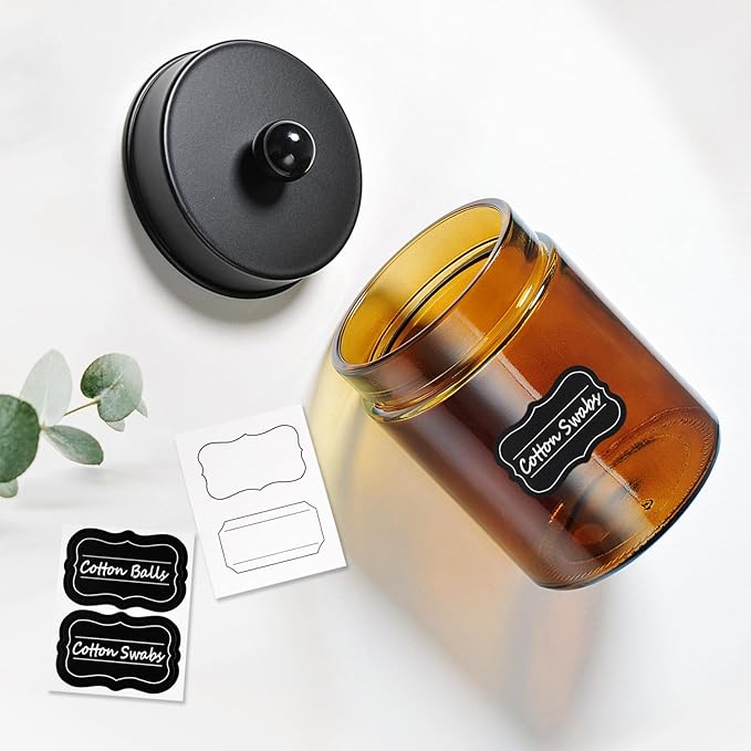 Amolliar Amber Glass Qtip Holder, Apothecary Jars with Matte Black Metal Lid & Stickers-Bathroom Qtip Dispenser Storage Organizer Set,Vanity Counter Canister for Cotton Swabs,Round Pads,Floss (2 Pack)