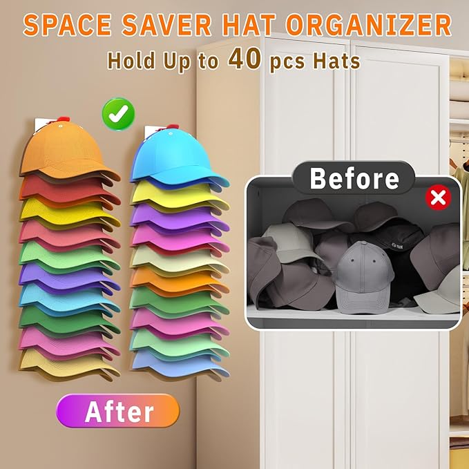 Hat Organizer for Baseball Caps, 2 Pack Hold Up to 40 Hats, Hat Rack for Wall Space Saving, Hat Hanger w/Strong Adhesive Hat Storage Holder Display for Closet Door and Wall(White& Color)
