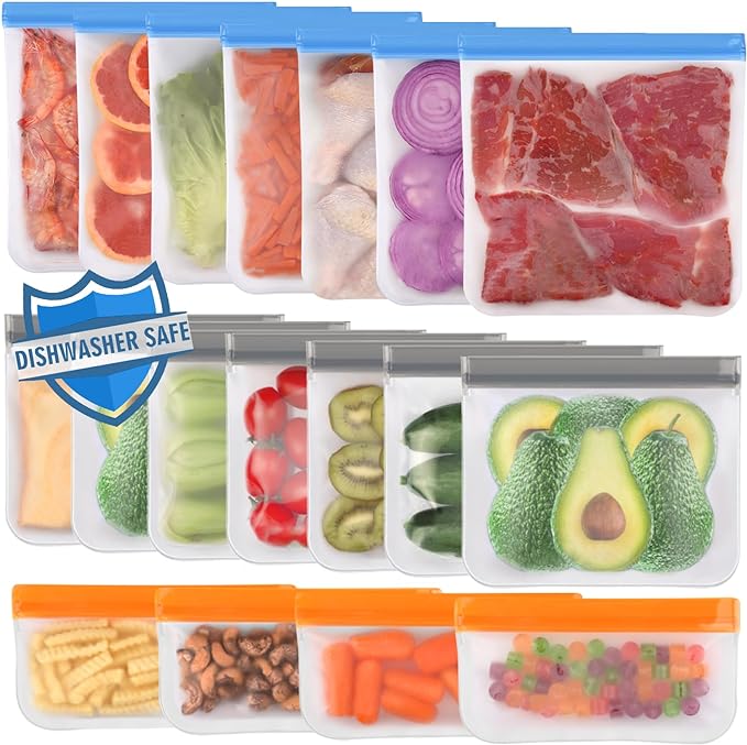 Lerine 18 Pack Dishwasher Safe Reusable Bags, Leakproof Reusable Freezer Bags, BPA Free Food Storage Bags for Lunch Marinate Food Travel (Multicolor, 7 Gallon 7 Sandwich 4 Snack)