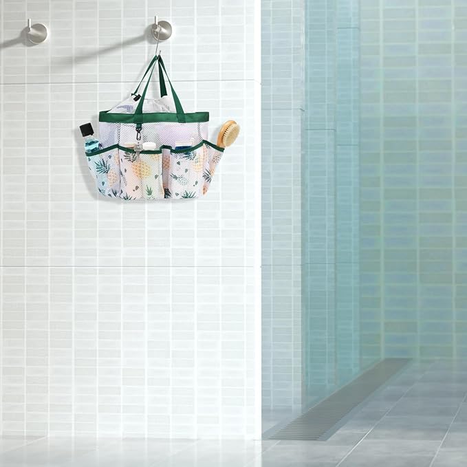 F-color Mesh Shower Caddy Portable with Drawstring - Large 8 Pockets Dorm Room Essentials for Guys Girls with S Hook, Shower Bag Basket Tote for College Camping Gym Travel Bathroom, Green Pineapple