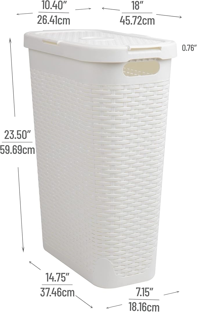 Mind Reader Slim Laundry Hamper with Lid, 40L Clothes Basket, Premium Wicker Design, Plastic, White