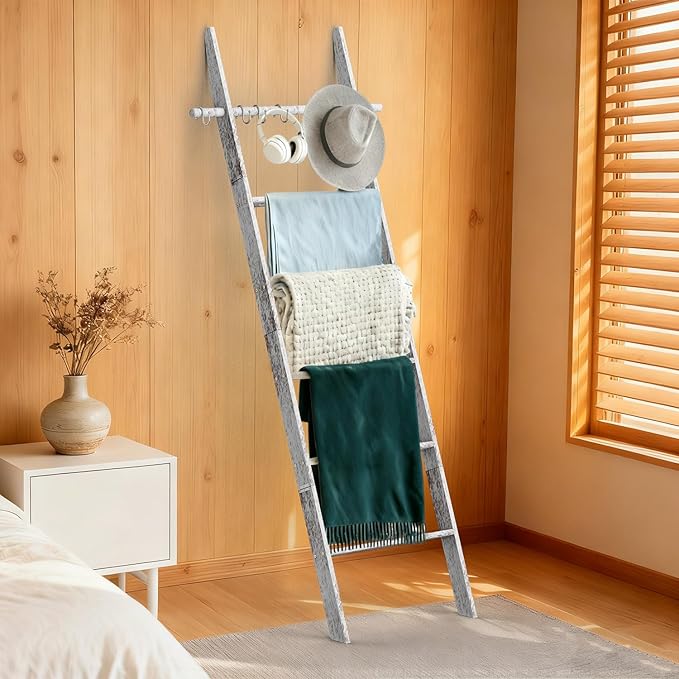 Farmhouse 6 Ft (70 inch) Wooden Blanket Ladder Living Room with Removable Hooks, 6-Tier Blanket Rack Decorative Stand, Leaning Towel Quilt Rack Holder for Bathroom Decor Rustic White