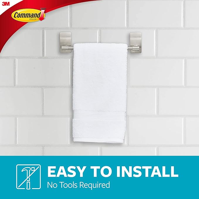 Command Hand Towel Bar Satin Nickel with 4 Water Resistant Command Strips, 9" Hand Towel Holder, Holds up to 3 lb, Great for Bathroom Décor on The Wall, Inside The Cabinet, or in The Shower