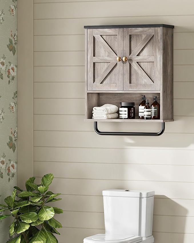 Bathroom Wall Cabinet, Medicine Cabinet with Open Partition and Towel Bar, Rustic Storage Cabinet with Open and Hidden Storage Space, for Bathroom, Living Room, Greige and Charcoal Black