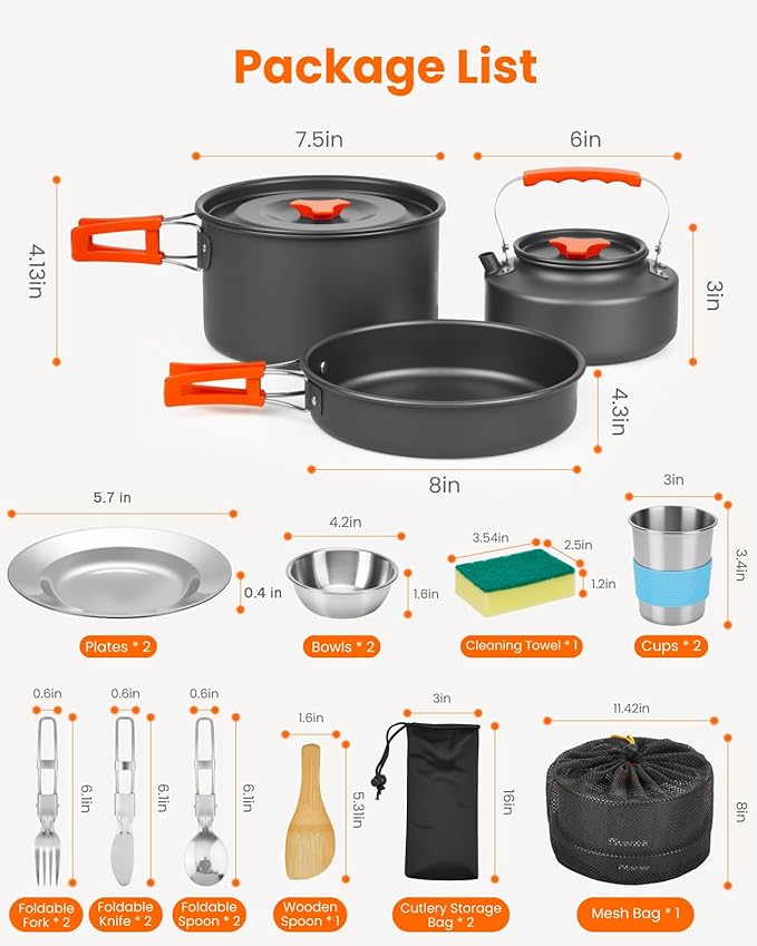 Fitense 21Pcs Camping Cookware Mess Kit for 2, Lightweight Camping Kitchen Pots and Pans Set, Portable Cooking Essentials for Backpacking, Hiking and Picnic