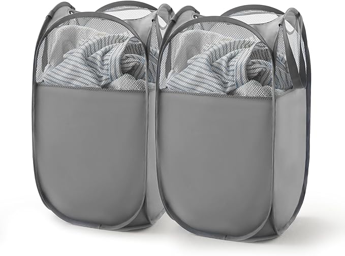 TECHMILLY Pop Up Foldable Laundry Basket, Mesh Laundry Hamper with Reinforced Handles for Dirty Clothes Storage in Dorm, Laundry Room, Bathroom, Grey(Fabric), 2 Pack