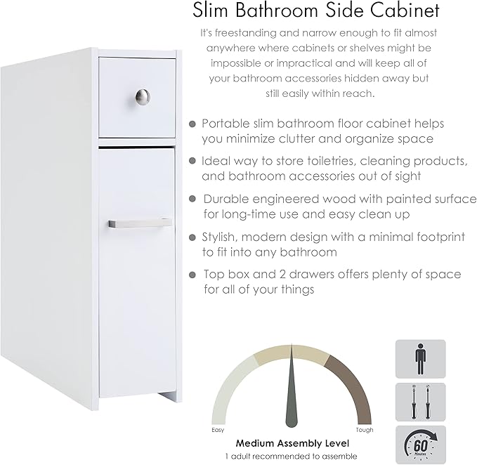 Spirich Slim Bathroom Storage Cabinet, Free Standing Toilet Paper Holder, Bathroom Cabinet Slide Out Drawer Storage, White