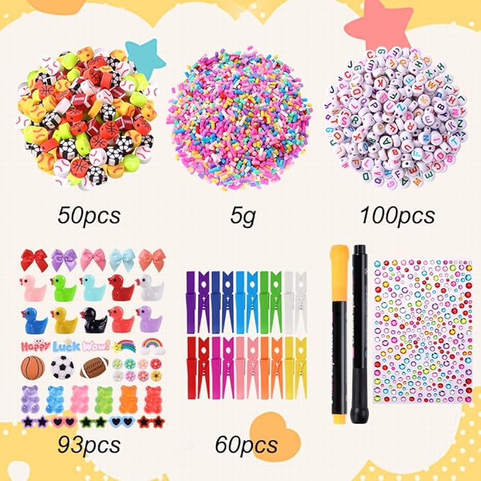 JOICEE 60 Set Cheer Pins Spirit Clips, 60 Colored Wooden Clothes Pins 102 Mini Resin Ducks Bows Daisy and Stickers Pens 150 Clay Beads for Backpacks Ribbon Team Classroom Cheer Gifts Bulk