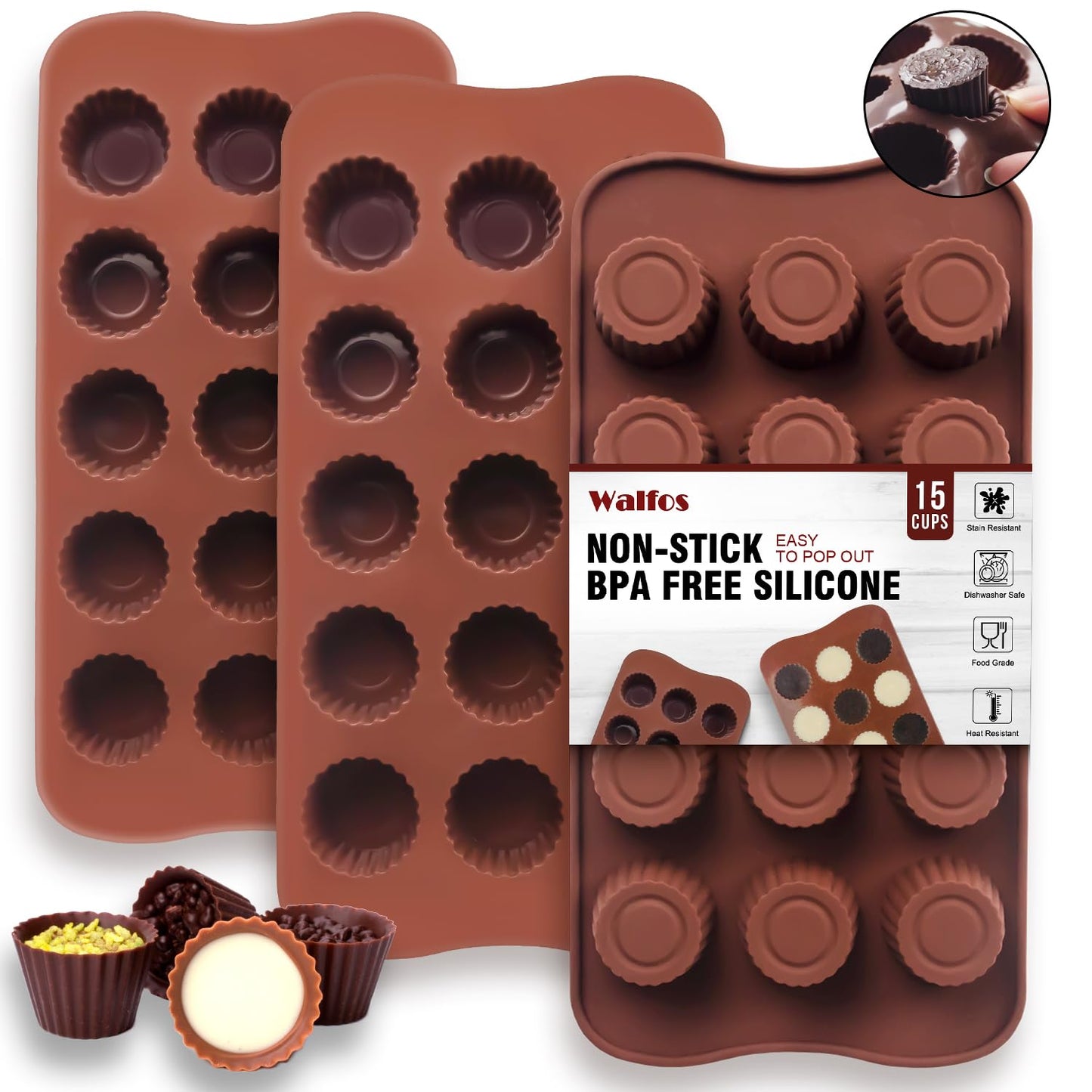 Silicone Fat Bomb Molds, Walfos Silicone Candy Mold, 15 Cavity Round Mold -Perfect for Keto Fat Bomb, Jelly, Dark Chocolate, Mini Peanut Butter Cup, 2 Packs
