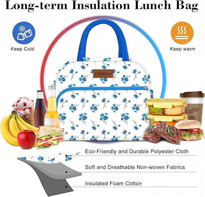 Coobiiya Lunch Bag Women, Lunch Box for Women Adult Men, Small Lunch Bag Leak-proof Cute Lunch Tote Large Capacity Reusable Insulated Cooler for Work/Office/Picnic/Travel-Blue Daisy