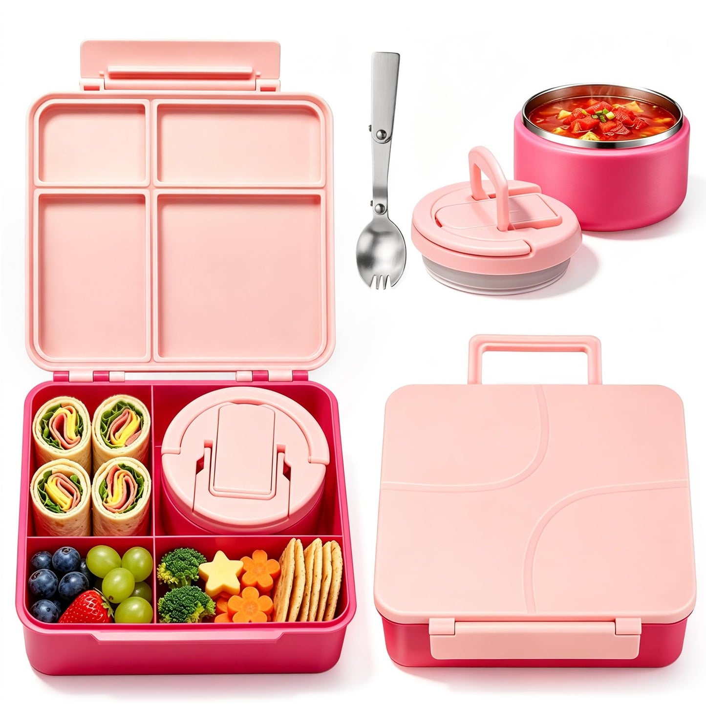 Bento Lunch Box for Kids with 8oz Soup Thermo,Kids Leakproof Lunch Food Containers with 4 Compartment,Kid Insulated Thermo Hot Food Jar for School,Trvael-Green