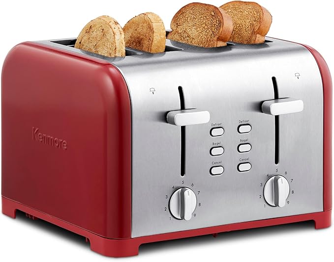 Kenmore Toaster 4 Slice - Extra Wide Slot Countertop Kitchen Appliance, Defrost Function, Grille-Pain, 9 Shade Settings, Compact Design, Easy Clean Crumb Tray, Bread Bagel, Stainless Steel