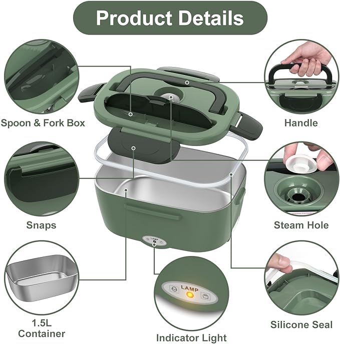 Vabaso Electric Lunch Box for Adults, 80W Heated Lunch Box with Dual 1.5L Stainless Steel Containers, Portable Food Warmer for Men Work Car Truck, 12V/24V/110V/220V