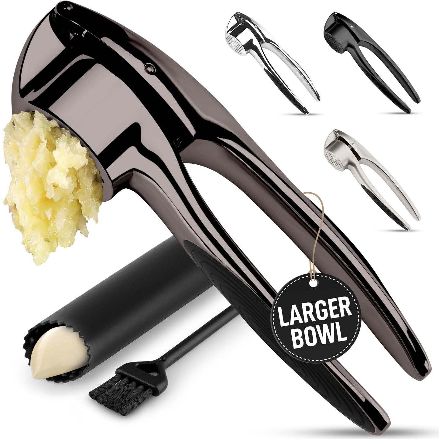 Zulay Kitchen Premium Garlic Press Set – Rust Proof & Dishwasher Safe Garlic Mincer Tool with Silicone Garlic Peeler & Brush, Easy Squeeze & Clean, Ergonomic Soft Grip Handle - Medium – Chrome