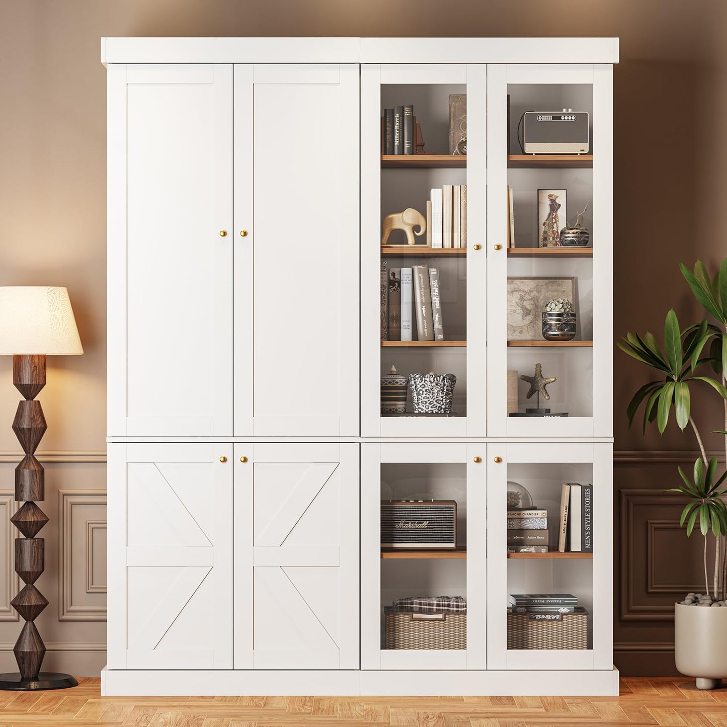 ivaniti 70.8" Tall Bookshelf with Doors, Farmhouse Modular Bookcase with 4-Tier Adjustable Shelves, Large Storage Cabinet for Home Office, Living Room, Brown, Set of 2