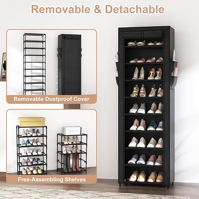 Shoe Rack with Cover Narrow Shoe Organizer with 4 Side Pockets 10 Tier Tall Shoe Storage Holds 18-22 Pairs Shoes and Boots Shoe Rack for Closet Entryway Garage