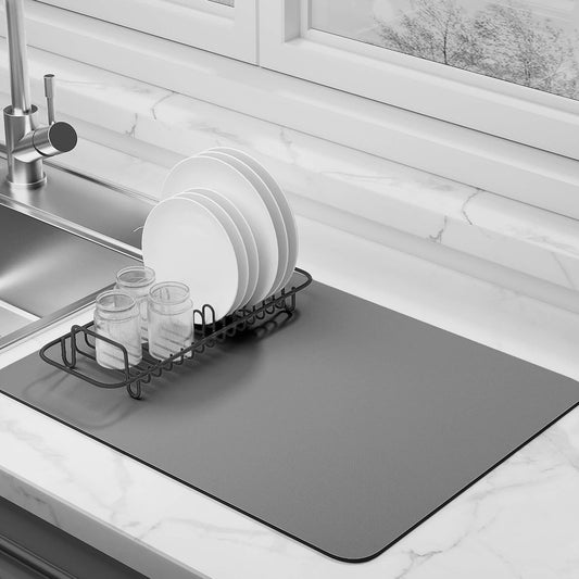 Dish Drying Mat for Kitchen Counter Super Absorbent Drainer Mats with Non-slip Rubber Backed Hide Stain Heat Resistant Easy to Clean Dish Rack Mat (Gray, L-16"x24")