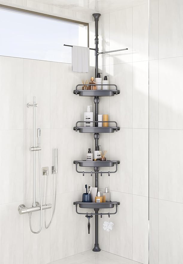 32-122inch Corner Shower Caddy Tension Pole Grey, Rustproof Drill-Free Shower Shelves for Bathroom Bathtub Washbasin, Adjustable Shower Organizer with 4 Tier Patent Stable Shelves & Towel Bars