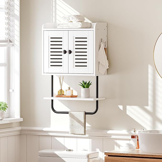 HOOBRO Medicine Cabinet, Double Doors Bathroom Wall Cabinet with Towel Bar, Adjustable Shelf, 2 Hooks, Over The Toilet Storage Cabinet, for Bedroom, Kitchen, White BW46CW01