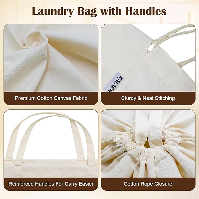 Canvas Laundry Bags with Handles & Square Base 16"Lx16"W x27.6"H, Extra Large Heavy Duty Laundry Basket Hamper Liner, Washable Drawstring Dirty Clothes Bag Canvas Storage Sack(Beige,1 Pack)