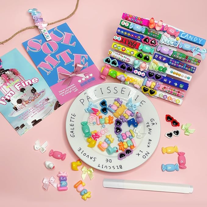 50-Pack Cheer Pins Kits-50pcs 2.9 Inch Wooden Clothespins 10 Colors, 58 Resin Charms, 2 Gem Stickers, 200 Letter Beads for Team Spirit, Classroom Crafts & Cheerleading Accessories with Glue & Tools