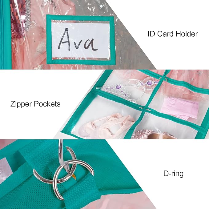 Univivi Clear Blue-Green PVC Dance Costume Bags Garment Bag 40 Inch for Dance Competitions, with 4 Medium Clear Zipper Pockets and 1 Large Back Zippered Pocket [Upgraded Version] (40'' x 24'' 6 Pack)