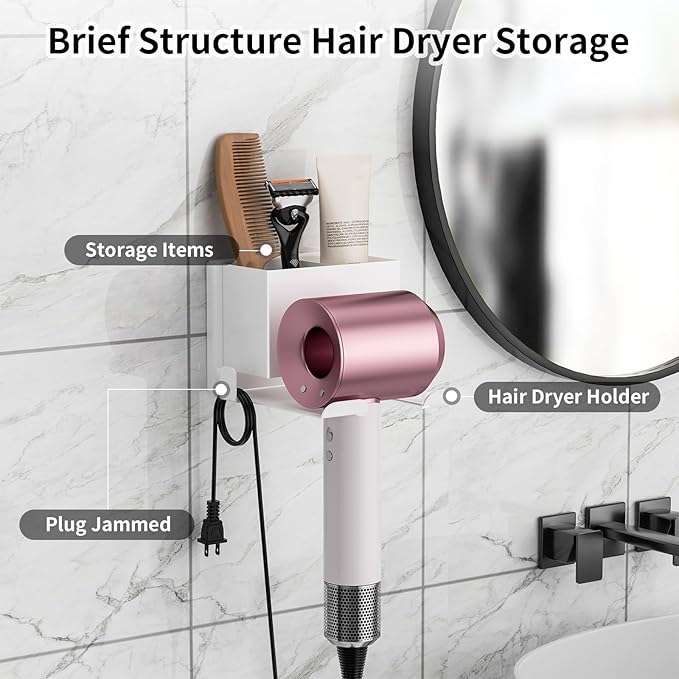 YSD Hair Dryer Holder Wall Mounted, Hair Tool Organizer, Blow Dryer Hanger for Dryer Hook, Bathroom Space-Saving Blow Dryer Organizer, White Curling Irons Storage