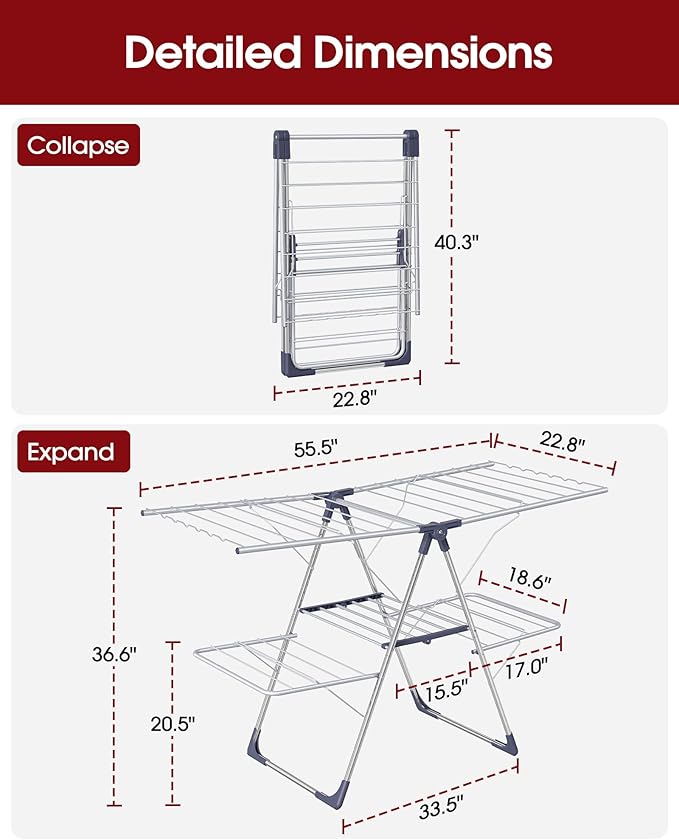 Clothes Drying Rack, Foldable 2-Level Laundry Drying Rack with Height-Adjustable Wings, for Clothing & Bedding, Free-Standing Space-Saving Rack, Indoor & Outdoor, 55.5"L × 22.8"W, Silver Blue