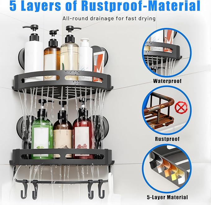 Corner Shower Caddy Suction Cup Shower Shelf Corner No Drilling Bathroom Shower Organizer Storage Rack Suction Cup Type with Towel Bar Hooks