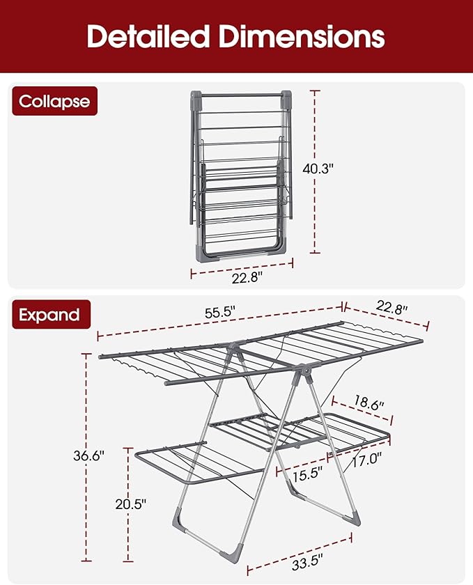 Clothes Drying Rack, Foldable 2-Level Laundry Drying Rack with Height-Adjustable Wings, for Clothing & Bedding, Free-Standing Space-Saving Rack, Indoor & Outdoor, 55.5" L × 22.8" W, Gray